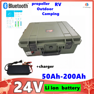Batería de litio recargable impermeable de ciclo profundo de 24V, 80Ah, 100Ah, 150Ah, 200Ah, 50Ah, energía portátil con BMS + cargador de 10A