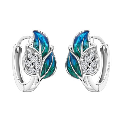 Orstarry Original Plata de Ley 925 pendientes de planta de hoja azul pendientes de aro para mujer regalos de joyería de aniversario