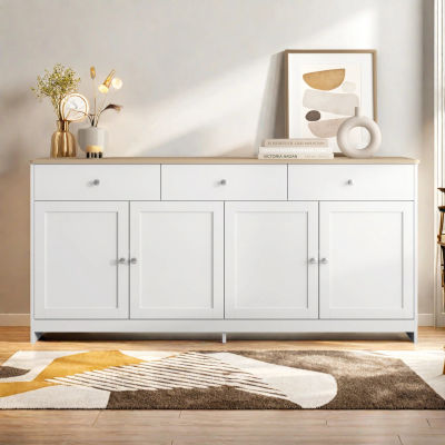 Rosahqnda Aparador con 3 cajones y 4 puertas, 160x37x75cm, Mueble de cocina blanco, Mueble buffet, Mueble de pie