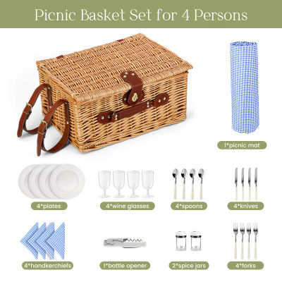Cesta de Picnic, Cesta de Picnic de Mimbre para 4 Personas, Manta de Picnic Impermeable y Utensilios, Cesta de Picnic con Nevera Portátil para Camping