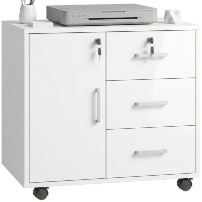HOMCOM Mueble para Impresora con Ruedas Mesa para Impresora con Puerta y 3 Cajones Cerraduras Estante Ajustable Blanco