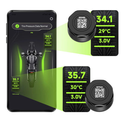 TPMS para Motocicleta, Conexión Inalámbrica Bluetooth 5.0 a la Aplicación del Teléfono, Pantalla de Presión y Temperatura de Neumáticos en Tiempo Real con Alarma, IP67