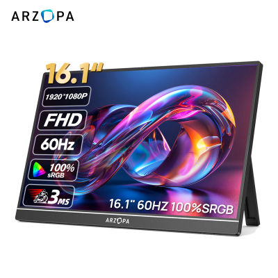 ARZOPA 16.1inch 1080P FHD 100% sRGB Portable Monitor,16:9 IPS Screen,Metal Body with type-c mini HDMI,Speakers,built-in Kickstand,for Mac /Laptop/PC/Phone/Xbox/Switch/PS,External Second Display,Gaming