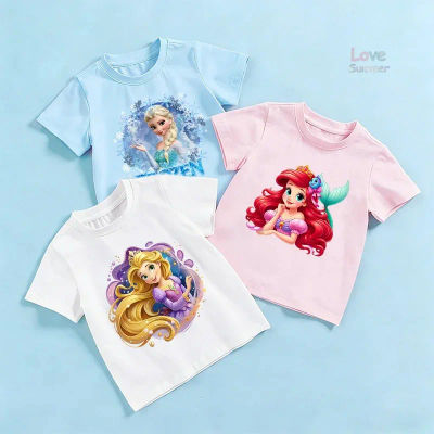 Camiseta de manga corta de verano para niñas de 3 a 14 años, Frozen, Elsa, Princesa Ariel, Rapunzel, regalos para niños y bebés
