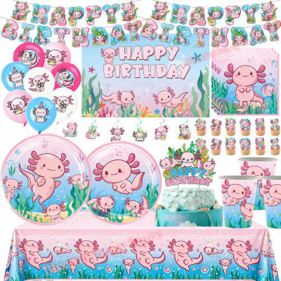 Decoración de Fiesta de Cumpleaños de Ajolote de Dibujos Animados, Platos, Vasos y Globos de Salamandra Rosa para Niños, Regalos, Artículos para Baby Shower
