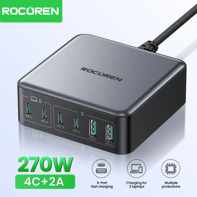 Rocoren 200W GaN cargador PD carga rápida USB tipo C cargador 270W 6 en 1 estación de energía USBC para iPhone 16 15 Pro Max Xiaomi 14
