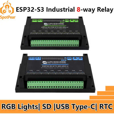 ESP32-S3 Industrial, Relé de 8 Canales, IOT LAN, WiFi/Bluetooth/CAN/RJ45 Ethernet/POE