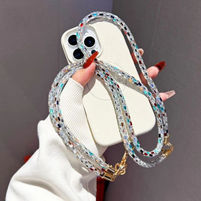 Cordón cuadrado 2 en 1 con diamantes de imitación de cristal para teléfono, correa de cuerda antipérdida con diamantes brillantes ostentosos de lujo, cadena colgante, funda para teléfono