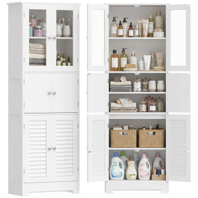 Mueble de baño HOMCOM, mueble de almacenamiento superior con 6 puertas, incluidas 2 con frente de cristal y 2 con persianas, estante ajustable, blanco