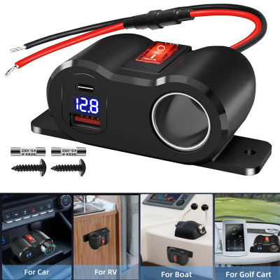 Adaptador de corriente para cargador de coche de 12V, salida QC3.0 y PD3.0, divisor de enchufe para encendedor de cigarrillos con voltímetro LED para barco marino RV