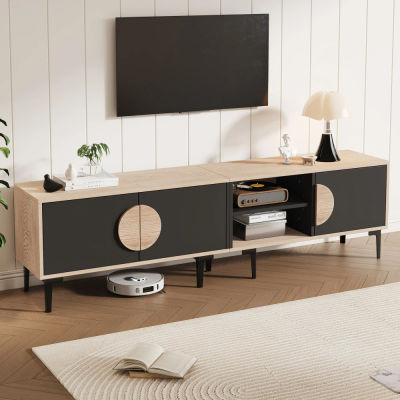 Elegante mueble para TV de madera negra de 180 x 35 x 49 cm, moderno mueble para TV para sala de estar con 2 armarios cerrados y compartimentos de almacenamiento abiertos, mueble para televisor