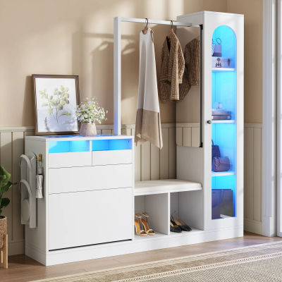 Mueble de pasillo 6 en 1, con espejo LED y giratorio, espacio de almacenamiento completo, para pasillo/dormitorio, aglomerado de madera - Blanco