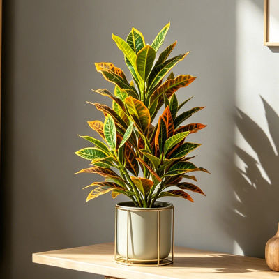 Plantas Artificiales de Croton de 24-41 cm, Ramas de Árbol de Codiaeum Tropical, Hojas de Roble de Plástico, Árbol de Ficus Realista para Decoración del Hogar y Jardín