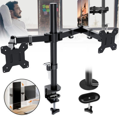 Soporte de Escritorio para Dos Monitores de 13 a 30 Pulgadas, con Abrazadera para Escritorio y Base con Pasacables, Inclinación de ±90 Grados ° / Giratorio 180° ° / Gira 360° °