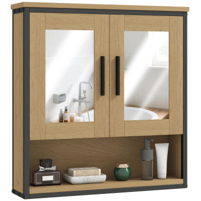 Mueble de baño HOMCOM con espejo, mueble de baño con compartimento abierto y estante ajustable, Roble