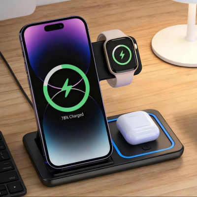 Base de Carga Inalámbrica 3 en 1 Plegable, Estación de Carga Rápida para iPhone 17 16 15 18 14, Apple Watch, Airpods, Samsung, Xiaomi, OPPO