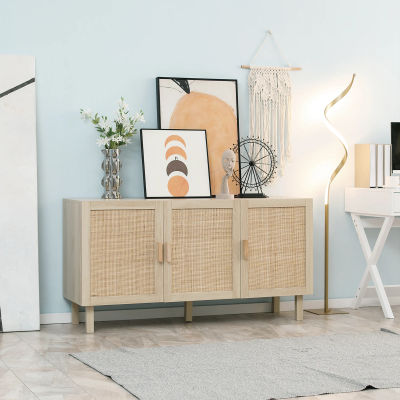 HOMCOM Buffet estilo bohemio Rtap, unidad de almacenamiento con estantes ajustables y puertas de mimbre, armario de almacenamiento