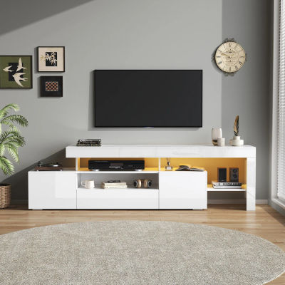 Mueble de TV moderno para sala de estar, 192x37x53cm, con 3 gabinetes, soporte para TV con LED, tablero bajo de alto brillo, cómoda para TV de 85 pulgadas