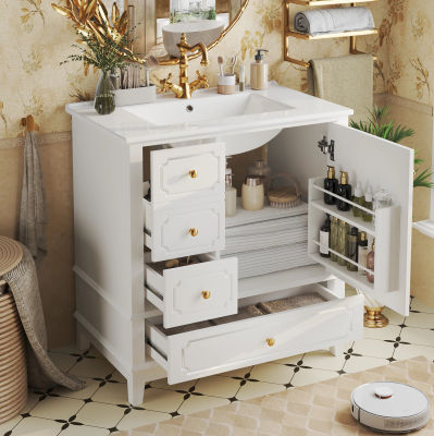 Mueble de baño con lavabo de cerámica y tiradores dorados, color blanco, 76,5 cm, incluye desbordador.