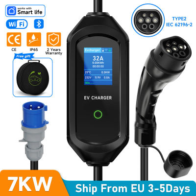 Cargador de Vehículos Eléctricos Portátil AFEEV de 7KW 32A Monofásico Tipo 2, Cargador de Coche Eléctrico EVSE con Cable de Carga Rápida, Control por WiFi, APP y Bluetooth