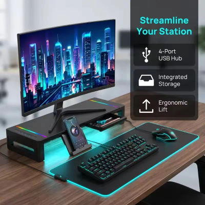 Soporte Elevador para Monitor con Cajón de Almacenamiento, Plegable y Ajustable en Altura, Estante para Escritorio de Computadora, Soporte para Tablet y Teléfono