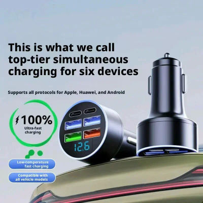 Cargador de Coche 6 en 1 con Carga Rápida, Pantalla LED de Voltaje, Múltiples Puertos USB, Adaptador para Encendedor de Cigarrillos, Universal