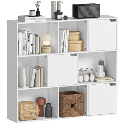 Estantería de almacenamiento HOMCOM con 9 cubos, 3 puertas y 6 compartimentos abiertos, estilo moderno, mueble de almacenamiento para salón, escritorio, dormitorio, 106x24x95 cm, Blanco