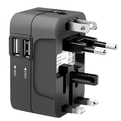 Adaptador de viaje de 1 pieza con 2 puertos de carga USB, cargador USB dual, adaptador de viaje universal todo en uno, cargador de pared