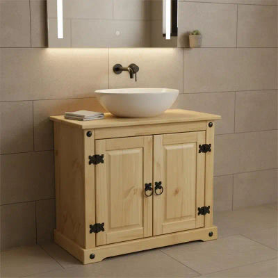 Mueble de Baño con Lavabo — Madera Natural Sólida — Amplio Espacio de Almacenamiento — Tiradores Metálicos — Diseño Rústico-Elegante