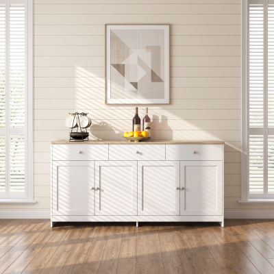 Aparador Anajqaqia de 160x37x75cm, Mueble Buffet con 3 Cajones y 4 Puertas, Encimera con Efecto Madera, Aparador Blanco para Comedor y Sala de Estar