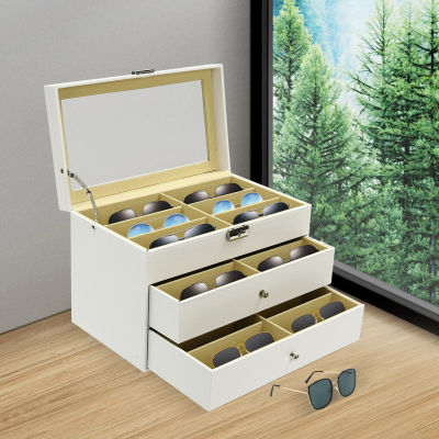 Caja de almacenamiento de gafas de sol de 3 niveles, caja de almacenamiento organizadora de gafas de 18 compartimentos, estuche de exposición para gafas con cajón