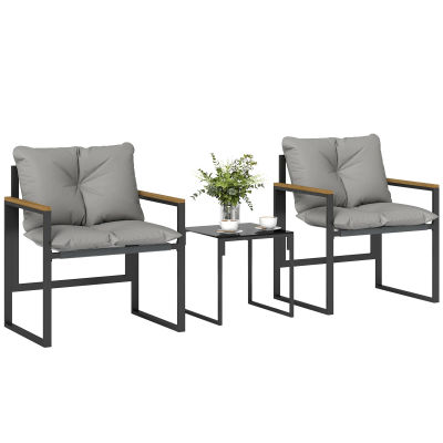 Outsunny Muebles de jardín de 2 piezas con 2 sillones, 1 mesa baja, bandeja de vidrio templado y cojines, Gris