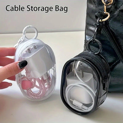 Mini bolsa de almacenamiento transparente portátil con cremallera, organizador que ahorra espacio para auriculares y cargadores, versátil con práctico bucle de llavero