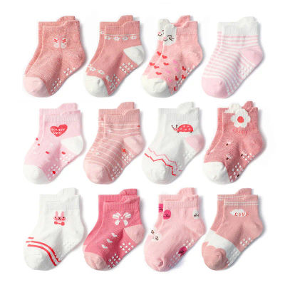 6 pares de calcetines para niñas con diseño de flores y corazones, calcetines antideslizantes para niños, bebés y niños pequeños, para todas las estaciones