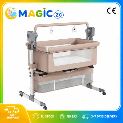 Cuna de Cabeceira para Bebés Recién Nacidos de 0 a 12 Meses, Plegable, Altura Ajustable, con Función de Balanceo Eléctrico, 5 Velocidades, 3 Temporizadores, Música Bluetooth, Control Remoto, Arnés de