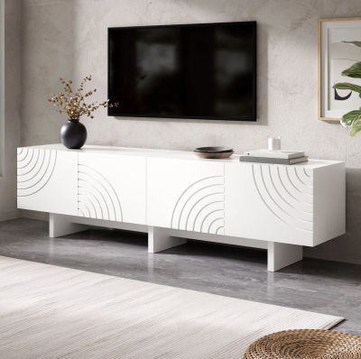 Mueble de TV Moderno Blanco con 4 Puertas y Patrón de Arco Geométrico, Construcción en MDF y PB, 170x35x50 cm