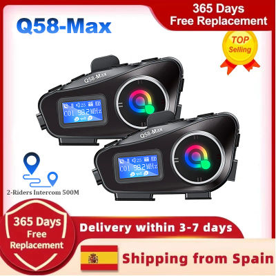 Q58-Max - Auriculares Bluetooth para Casco de Motocicleta, Intercomunicador con Iluminación LED, Radio FM Estéreo Dual de 500M, Interfono IP65 Resistente al Agua
