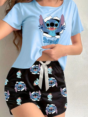 Conjunto de pijamas para mujer de la serie Star Baby de Disney, chaqueta y pantalones de manga corta con cuello redondo y estampado popular de Steve para mujer