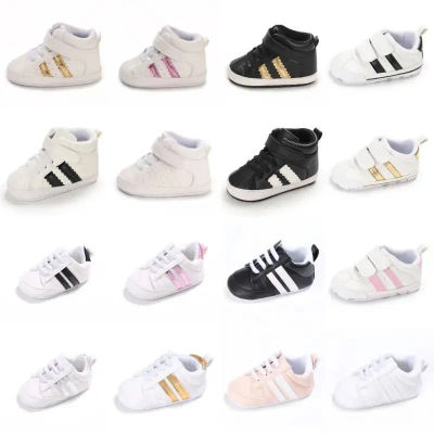 Primeros zapatos deportivos de PU a rayas para niños y niñas de 0 a 18 meses, zapatos informales de suela blanda para bebés, ligeros y cómodos