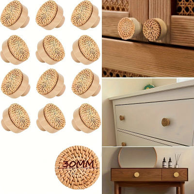 Paquete de 6 pomos de tocador de ratán bohemio, pomos de cajón de madera de haya duraderos, tiradores tejidos de mimbre hechos a mano con 6 tornillos