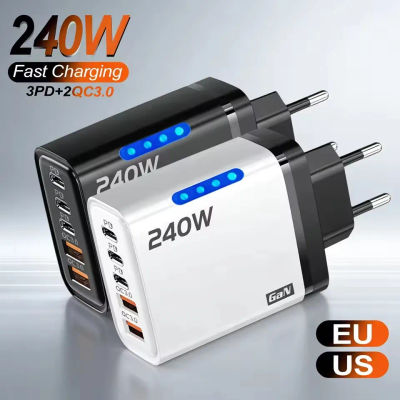 Cargador Rápido Gan de 240w con Luz LED, 2 USB + 3 Tipo-C, 5 en 1, Cargador de Teléfono Multipuerto para iPhone 15-17 Series, Samsung, Huawei, Xiaomi 15