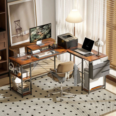 Escritorio de esquina reversible Homcom, de 168 a 240 cm, escritorio para ordenador con estante ajustable, soporte para monitor, ganchos y bolsa de almacenamiento, mesa para ordenador para dormitorio