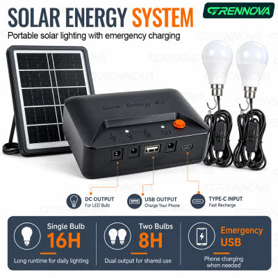Kit de Iluminación Solar Portátil Grennova, 2 Bombillas LED con Interruptor Independiente, Cargador USB para Camping, Cortes de Energía