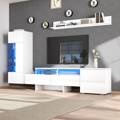 Muebles de Salón, Mueble de TV Moderno de 3 Piezas con Acabado Brillante y Luces LED, Mueble de TV con Puertas Acrílicas Colgantes y de Pie para Televisores de Hasta 70 Pulgadas