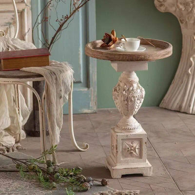 Mesa de centro redonda creativa con borde tallado estilo retro europeo para sala de estar, mueble auxiliar para el hogar