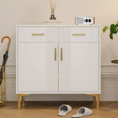 Cómoda aparador moderna con 2 puertas y 2 cajones – Mueble de almacenamiento con tiradores de metal y patas de metal para salón, pasillo