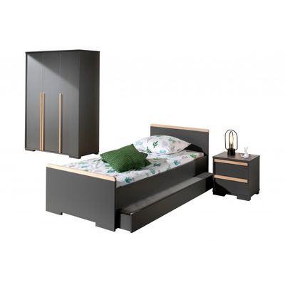 Børneværelses sæt London – seng 90×200 med skuffe, natbord og 3-dørs garderobeskab – antracit