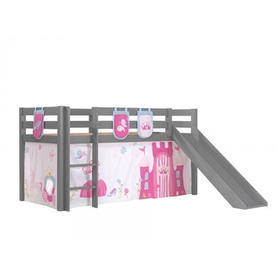 Halvhøj seng med rutsjebane – Pino, grå med prinsesseforhæng
