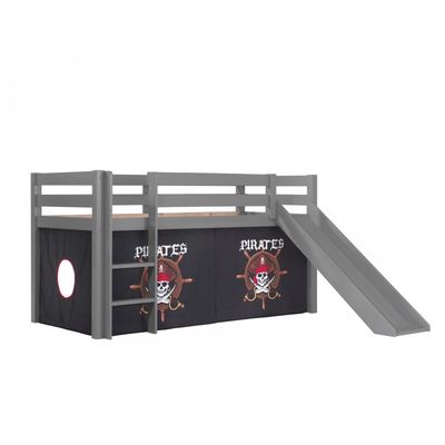 Halvhøj seng med rutsjebane – Pino, grå, piratforhæng