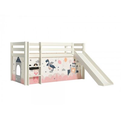 Halvhøj seng med rutsjebane – Pino, hvid, Princess Sophie forhæng